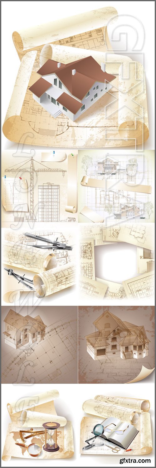 Architectural background. Part of architectural project. Architectural background with a 3D building model & with rolls of technical drawings - Vektor
