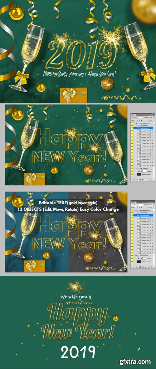 Happy New Year 2019 Greeting Card PSD Mockup