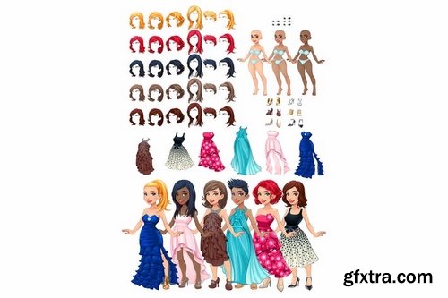 Dresses and hairstyles game. Vector illustration