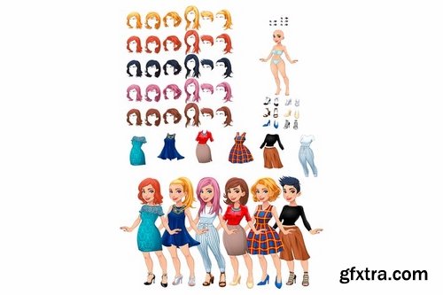 Dresses and hairstyles game. Vector illustration