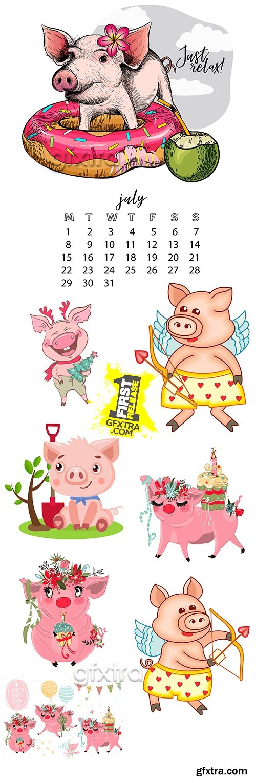 Pig Valentine\'s Day card and symbol 2019 new year