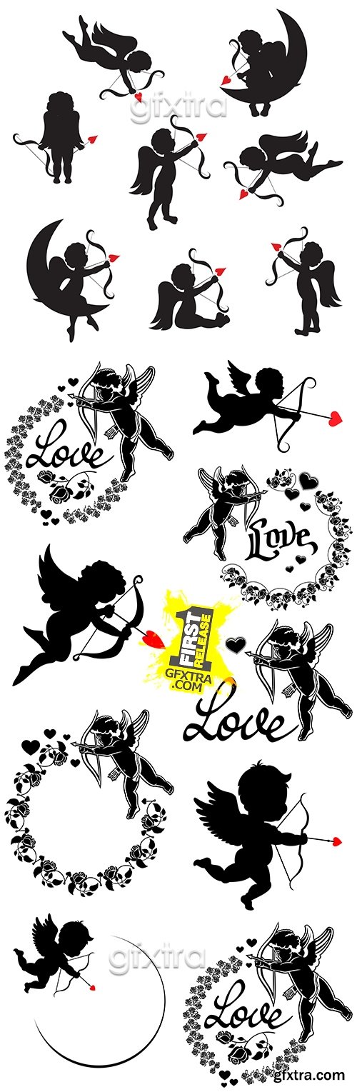Romantic Cupid\'s arrows and decorative flowers silhouettes