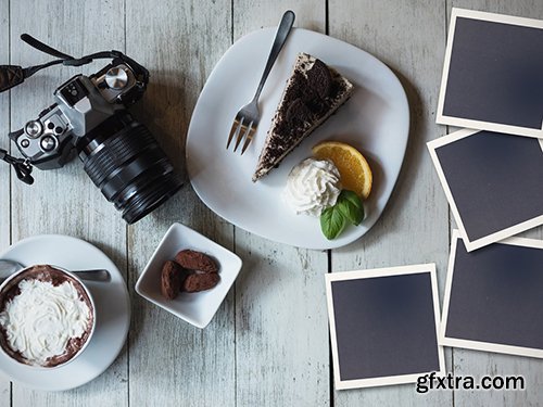 Camera and food on wooden table with four pictures Mockup 246875028