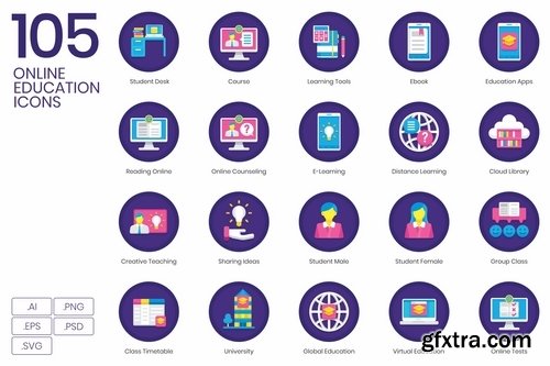 105 Online Education Flat Icons Orchid Series