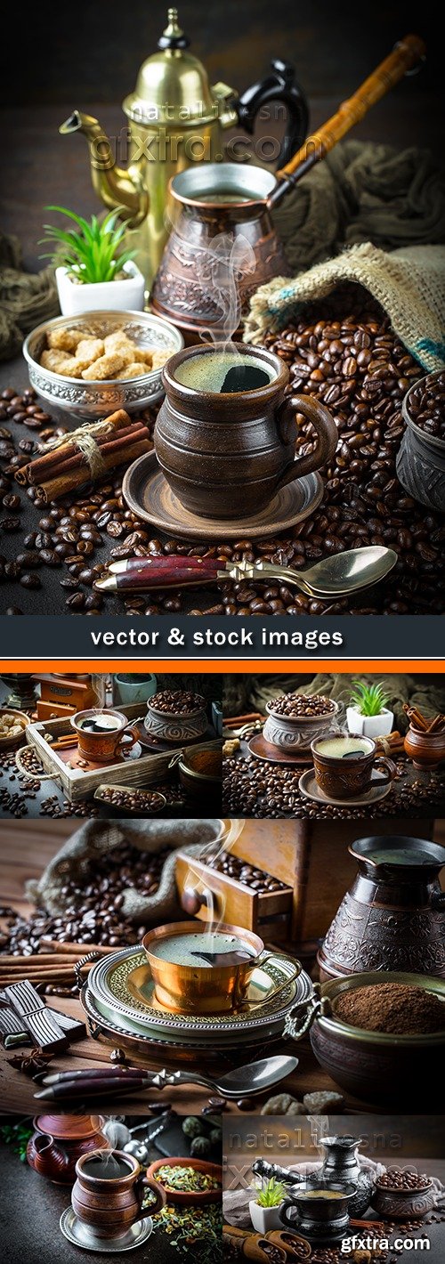 Hot coffee and fragrant coffee beans photo vintage