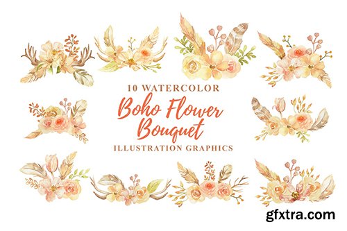 10 Watercolor Boho Flower Bouquet Illustration