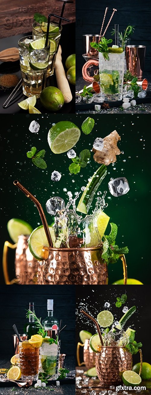 Alcoholic cocktail with lemon a lime and mint