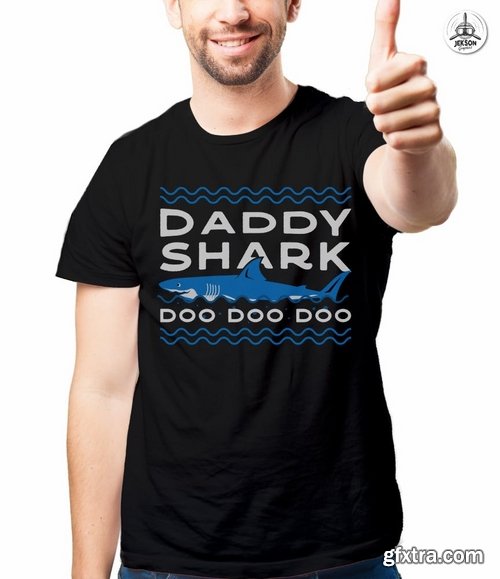 Retro Daddy Shark Print Fathers Day T-Shirt