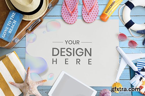 Flat lay of Summer travel plans Mockup space