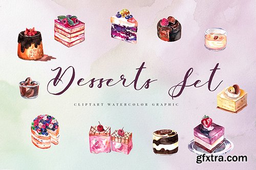 12 Watercolor Desserts Illustration Set