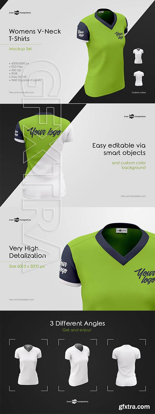 CreativeMarket - Womens V-Neck T-Shirts MockUp Set 3653532