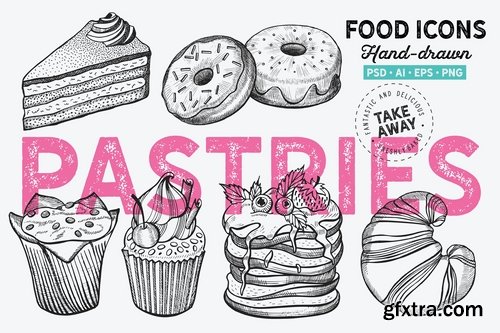Sandwich Fast Food Smoothie Breakfast Pastries Dessert Sandwich Hand-Drawn Graphics