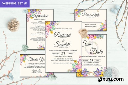 Wedding Invitation Set #1 Hand Painted Watercolor Floral Flower Style