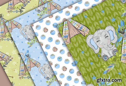 Boho Elephant Blue Cute design and digital paper pack