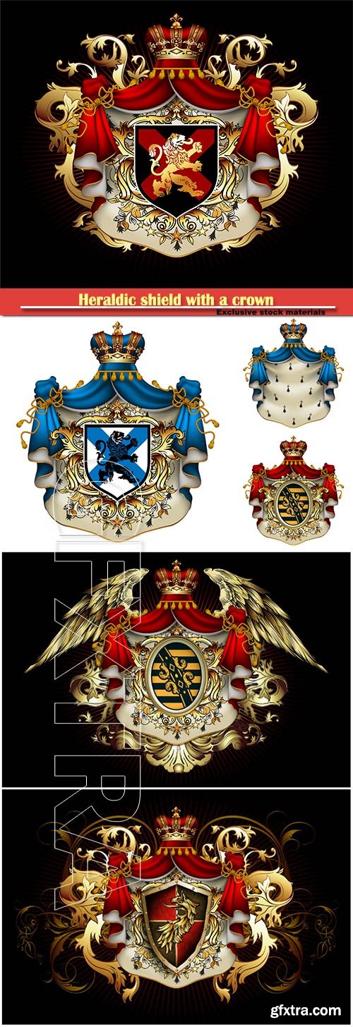 Heraldic shield with a crown and royal mantle, richly ornamented