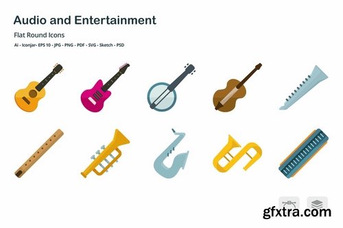 Audio and Entertainment Flat Round Icons