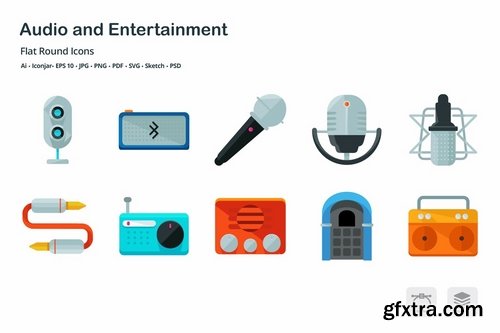 Audio and Entertainment Flat Round Icons