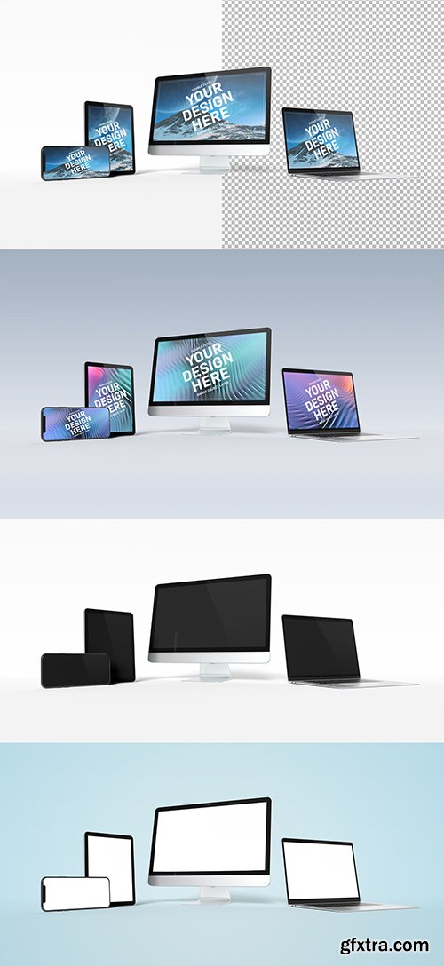 Computer, Laptop, Tablet, and Smartphone Isolated on White Mockup 259239953