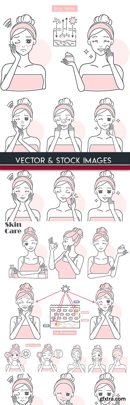 Girl beauty care of body and face cartoon illustration
