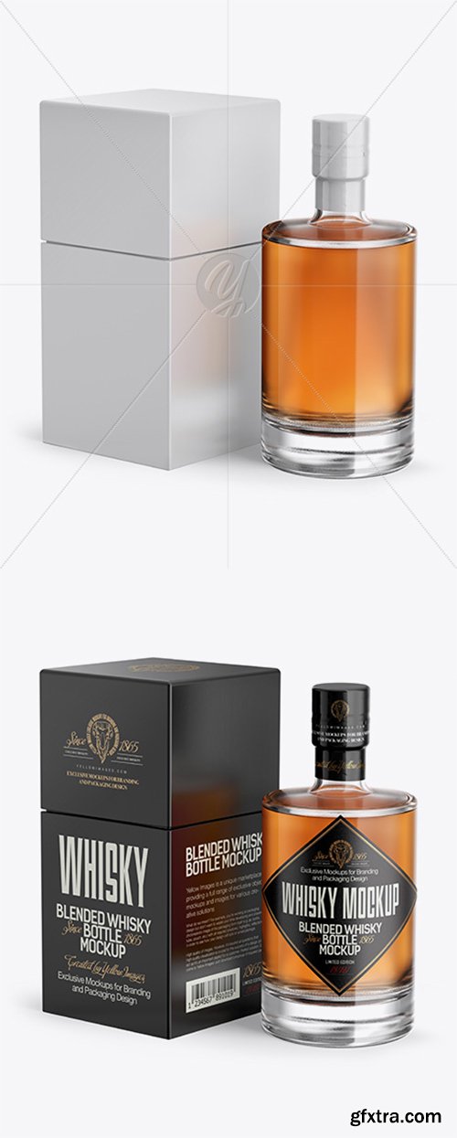 Clear Glass Whiskey Bottle & Box Mockup - Half Side View 21569 Clear Glass Whiskey Bottle & Box Mockup - Half Side View 21569