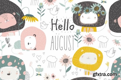 Vector set of cute lions and flowers. Hello august