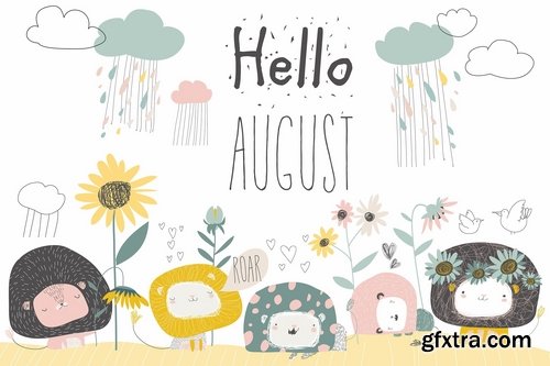 Vector set of cute lions and flowers. Hello august
