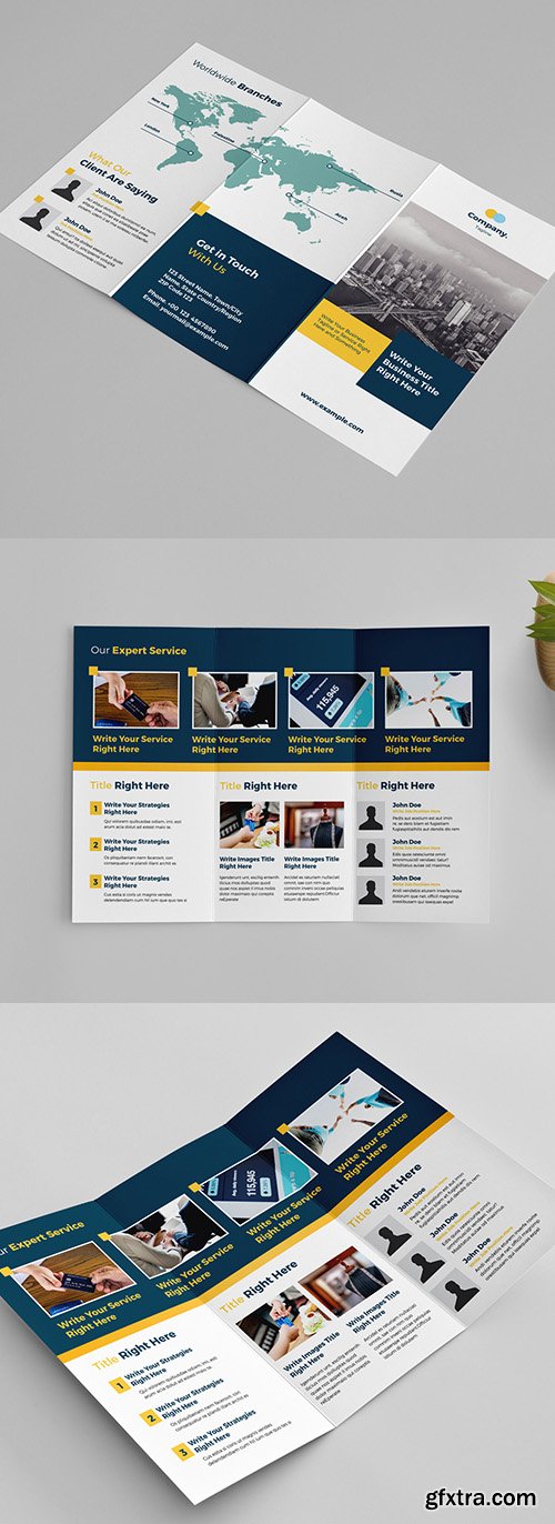 Trifold Business Brochure Layout with Yellow and Blue Accents 247473491