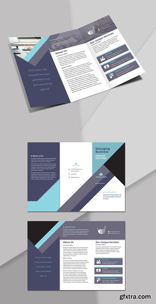 Trifold Brochure Layout with Light and Dark Blue Accents 244082935