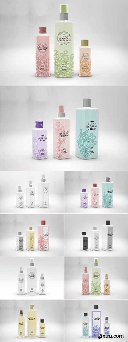 Clear Square PET Bottles Packaging Mockup Clear Square PET Bottles Packaging Mockup