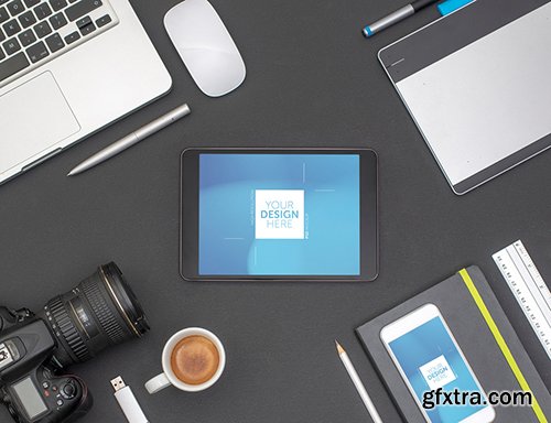 Desk with Tablet, Smartphone, and Camera Mockup 245404658