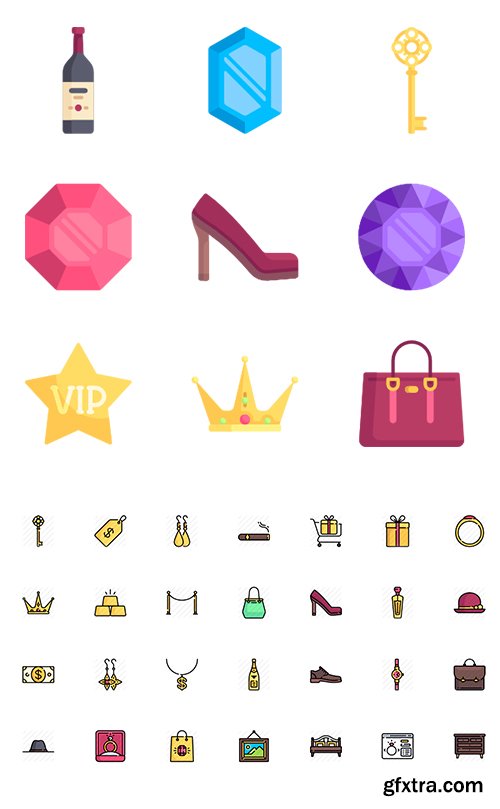 150 Luxury Shop Icons (Lineal, Lineal Color, Flat)