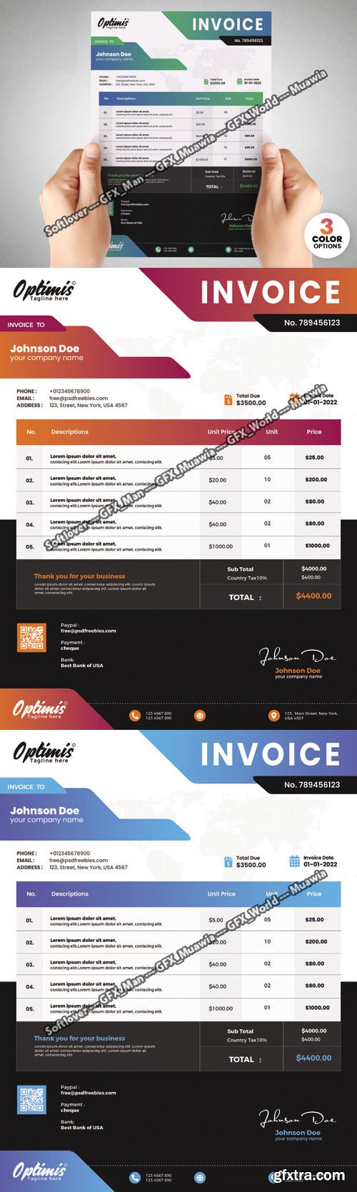 Modern A4 Invoice PSD Templates with 3 Colors