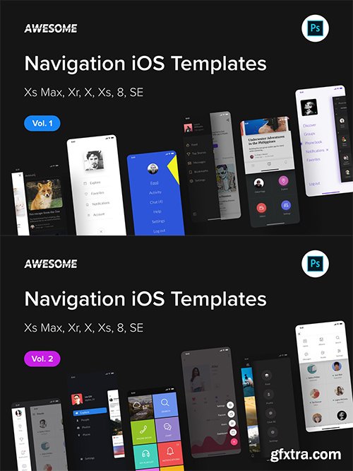Awesome iOS UI Kit - Navigation Vol. 1-2 (Photoshop)