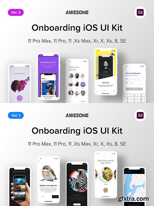 Awesome iOS UI Kit - Onboarding Vol. 1-2 (Adobe XD)