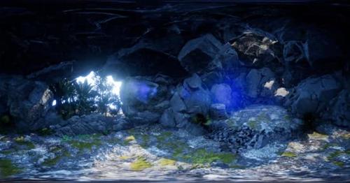 Vr 360 Camera Moving Inside Tropical Cave in Jungle with Palms and Sun Light. VR - XN8LFHS