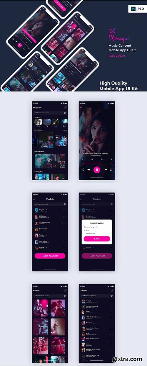 Xonique-Music Mobile App UI Kit Dark Version