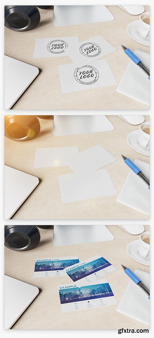 Three Business Cards on Wooden Desk Mockup 222845386