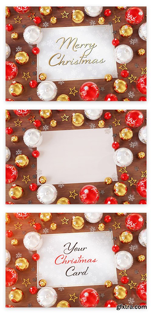 Christmas Card on Wooden Desk with Ornaments Mockup 223233322