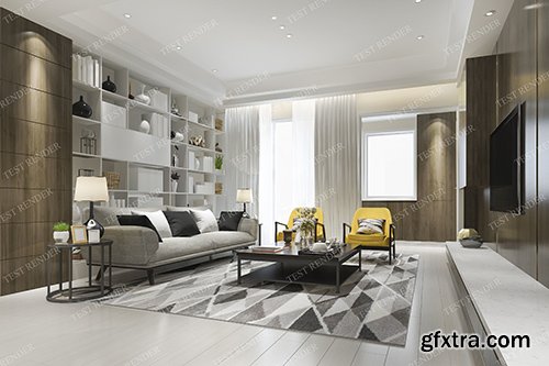 Cgtrader - modern living room with yellow armchair and bookshelf and tv 3D model Cgtrader - modern living room with yellow armchair and bookshelf and tv 3D model