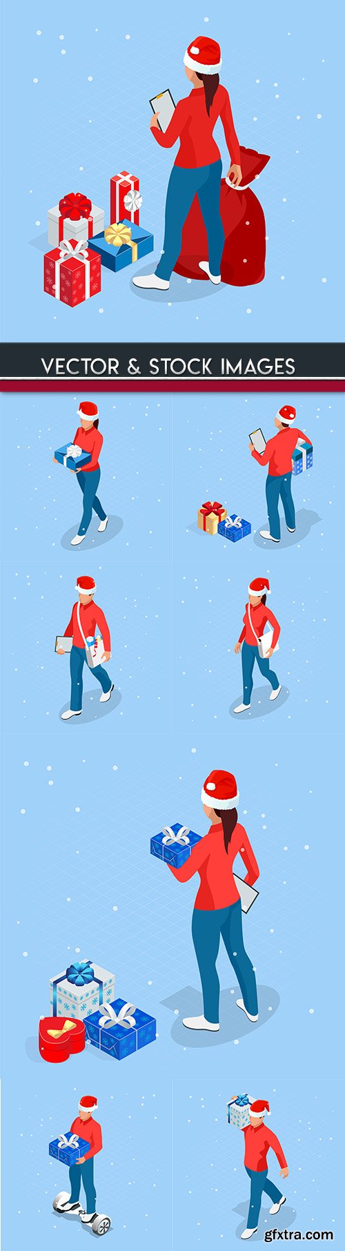 Isometrics people in New Year 's hat with gifts