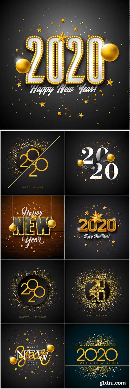 2020 Happy New Year illustration with 3d gold number, christmas ball and lights garland