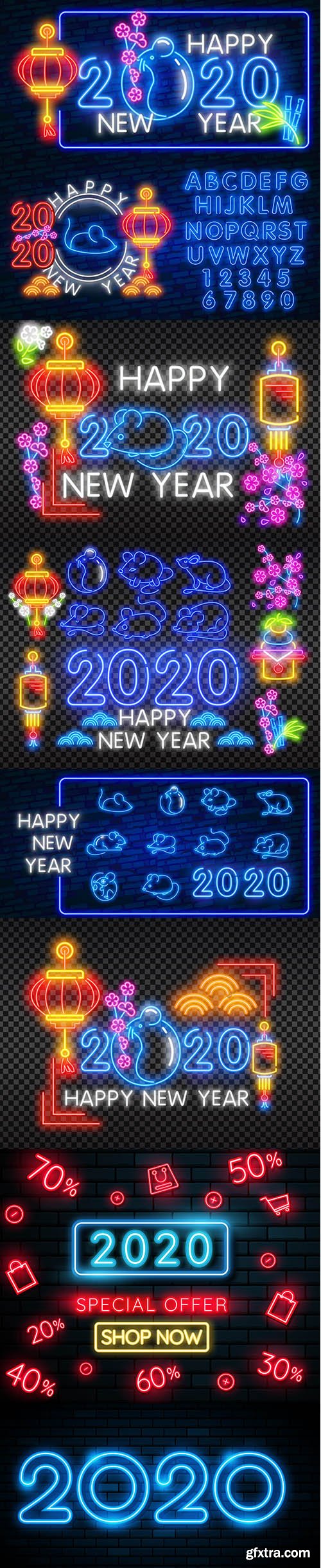 Abstract Chinese New Year 2020 Neon Greeting Card Backgrounds