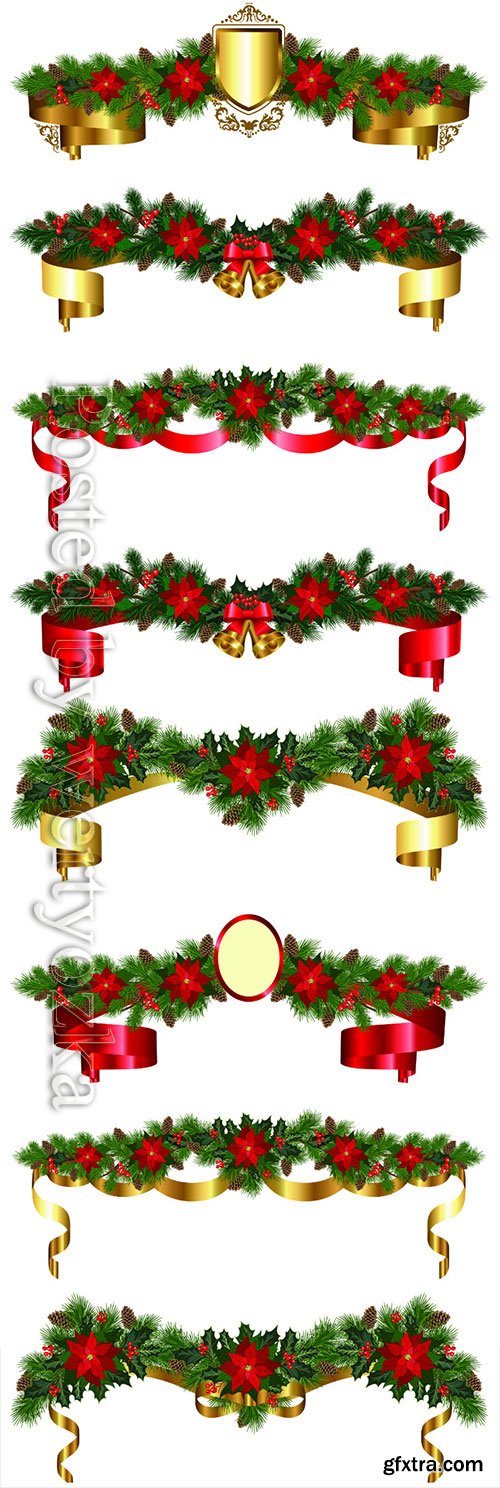 Christmas garland of fir branches, flowers poinsettia, holly, cones, 