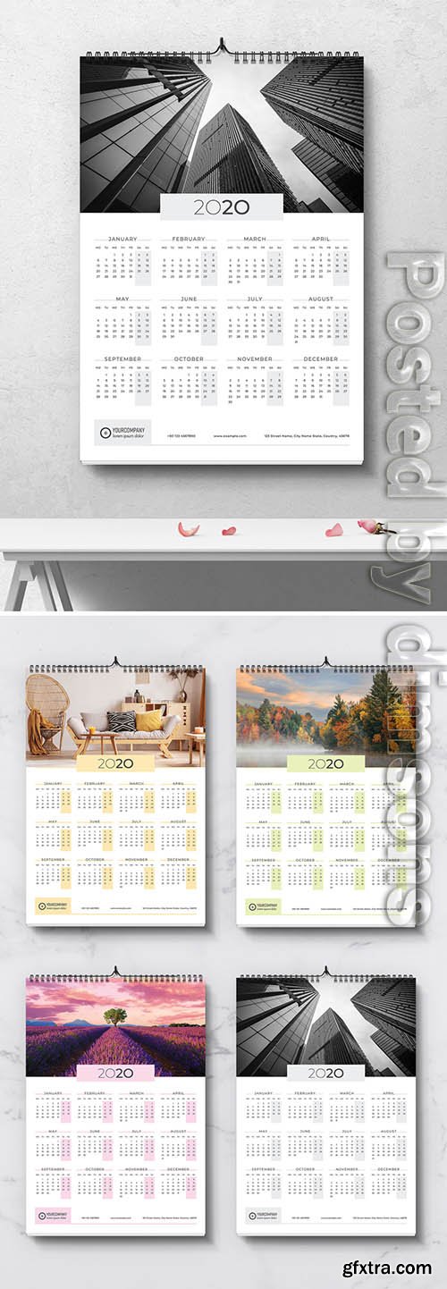 Annual Wall Calendar Layout with Colorful Accents 304540456