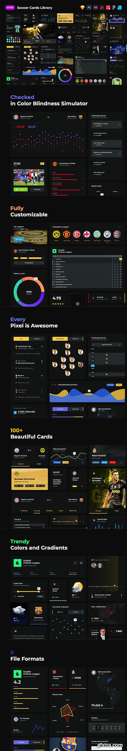 Soccer cards dark UI