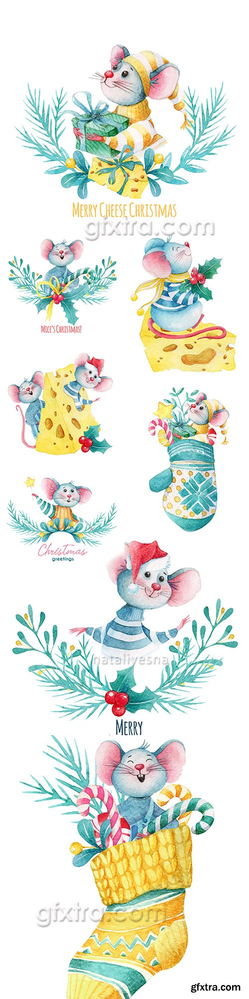 Mouse New Year symbol watercolor illustrations