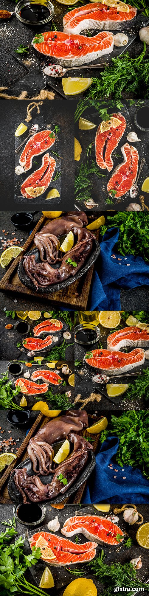 Salmon steak and octopus with spices and lemon