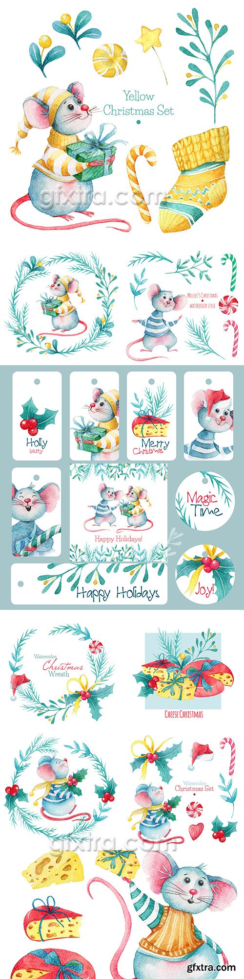 Mouse New Year symbol 2020 watercolor illustrations 2