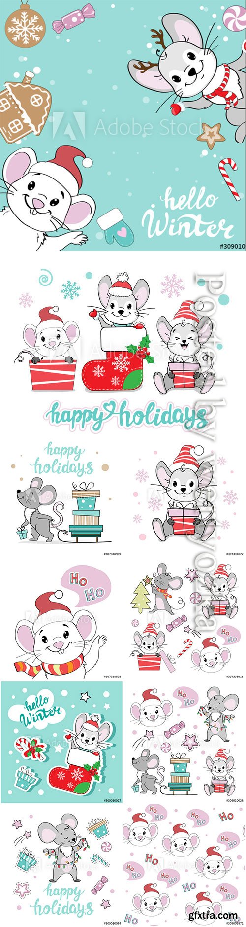 Christmas illustration set with Christmas mice on a 