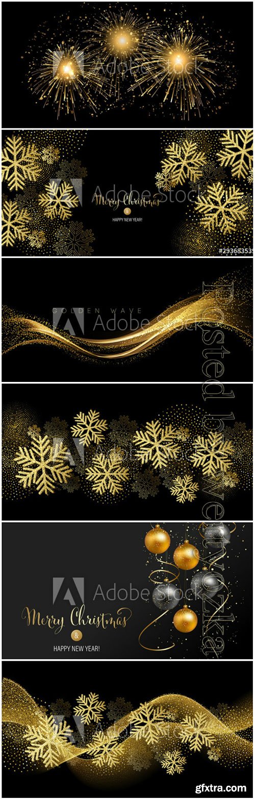 Snowflakes, salutes, Christmas balls on black vector backgrounds